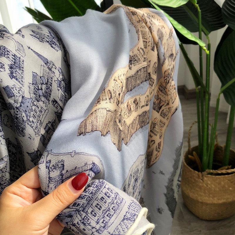 100% Silk Wool Scarf 53"x53" 135x135cm, Luxury Haze Blue Large Square Shawl, High-End Winter Warm Dual Use Wrap for Women