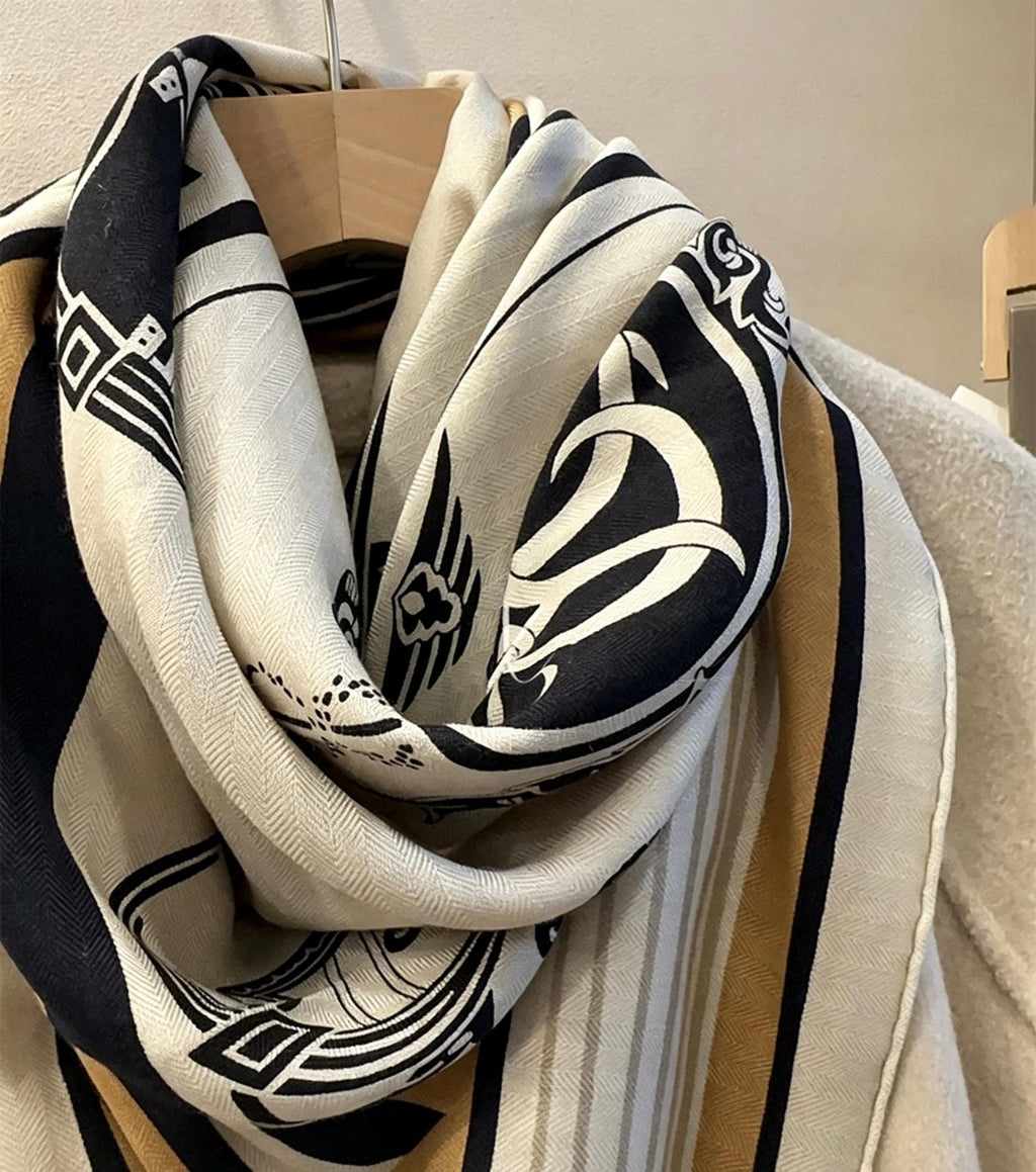 Luxury Silk Wool Scarf 55x55" 140x140CM, Vintage Bookplate Large Square Shawl, Quiet Luxury Winter Blanket Wrap, Intellectual Gift for Her