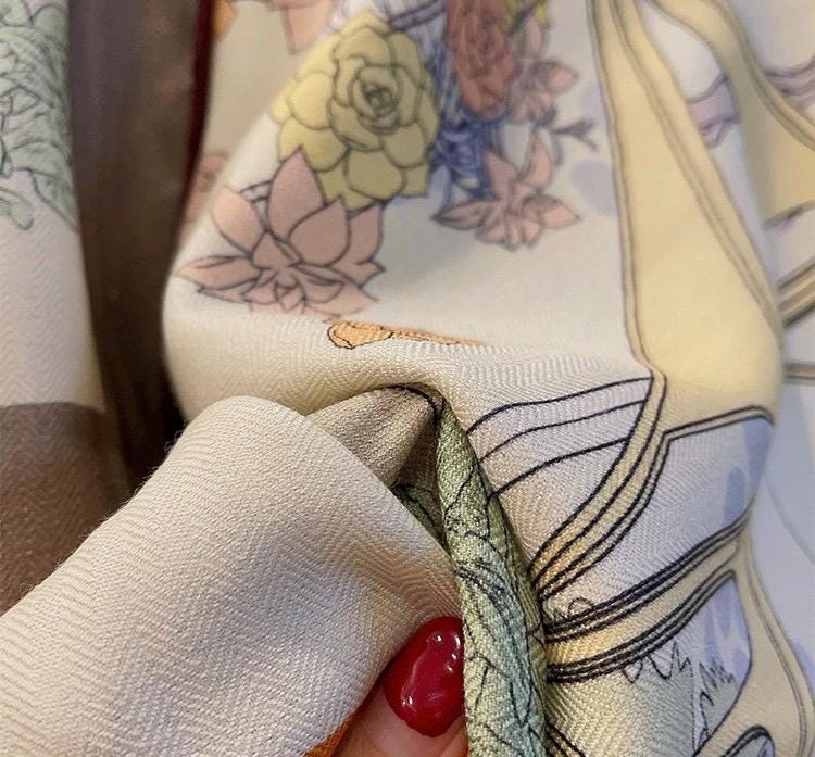 Luxury Silk Wool Scarf 53x53" 135x135CM, Fresh Romantic Garden Shawl, Winter Oversized Floral Blanket Wrap, Elegant Multi Use Gift for Her