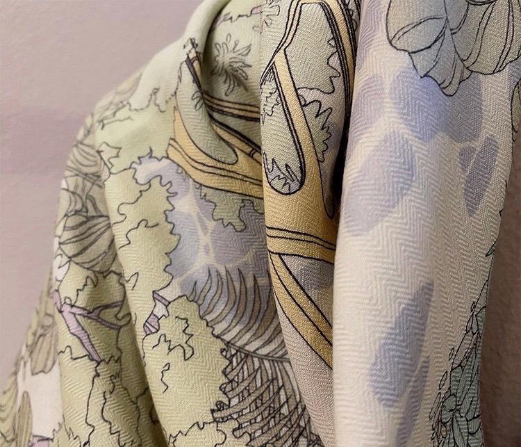 Luxury Silk Wool Scarf 53x53" 135x135CM, Fresh Romantic Garden Shawl, Winter Oversized Floral Blanket Wrap, Elegant Multi Use Gift for Her