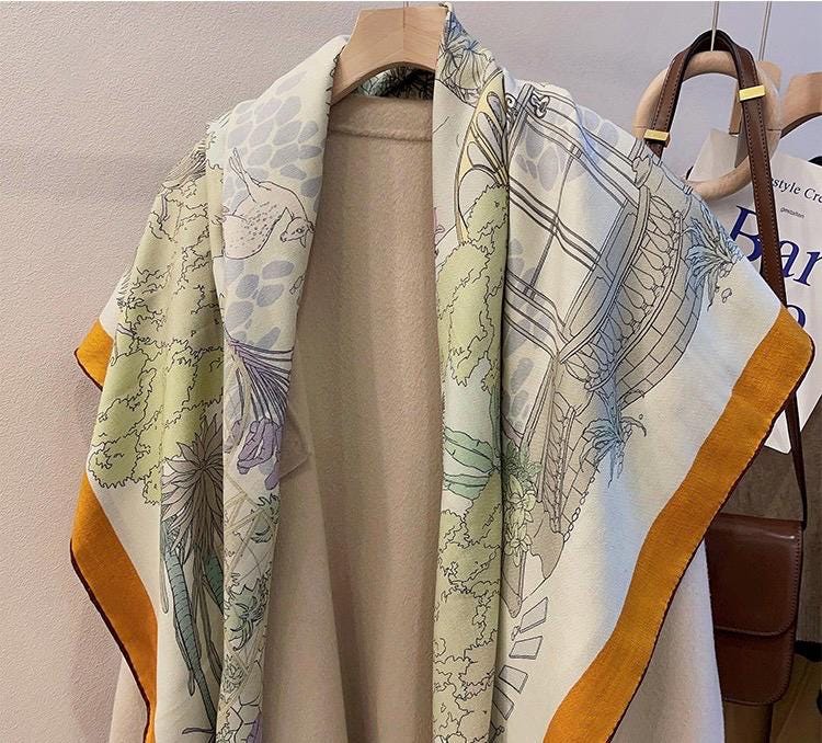 Luxury Silk Wool Scarf 53x53" 135x135CM, Fresh Romantic Garden Shawl, Winter Oversized Floral Blanket Wrap, Elegant Multi Use Gift for Her