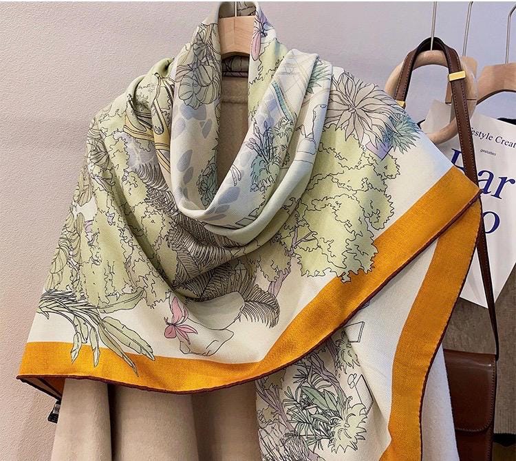 Luxury Silk Wool Scarf 53x53" 135x135CM, Fresh Romantic Garden Shawl, Winter Oversized Floral Blanket Wrap, Elegant Multi Use Gift for Her