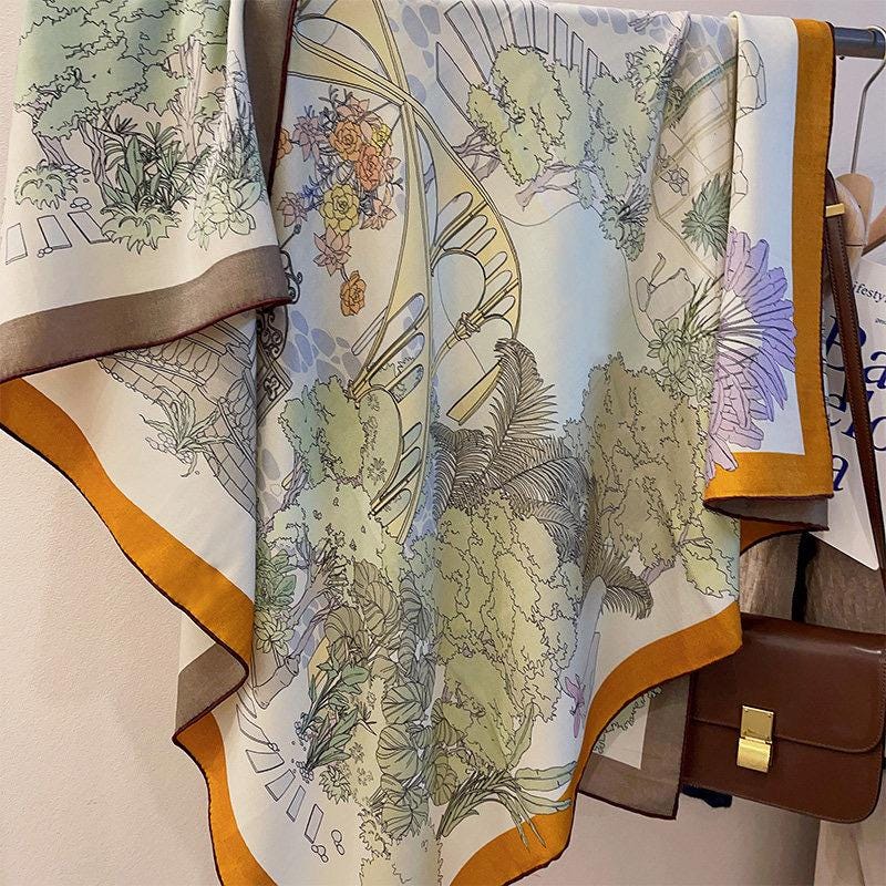 Luxury Silk Wool Scarf 53x53" 135x135CM, Fresh Romantic Garden Shawl, Winter Oversized Floral Blanket Wrap, Elegant Multi Use Gift for Her