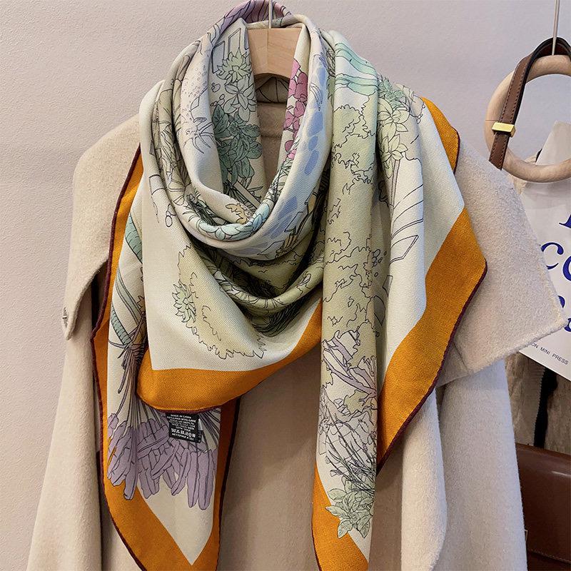 Luxury Silk Wool Scarf 53x53" 135x135CM, Fresh Romantic Garden Shawl, Winter Oversized Floral Blanket Wrap, Elegant Multi Use Gift for Her