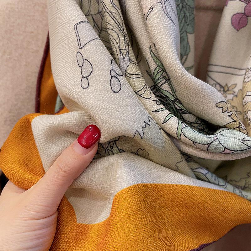 Luxury Silk Wool Scarf 53x53" 135x135CM, Fresh Romantic Garden Shawl, Winter Oversized Floral Blanket Wrap, Elegant Multi Use Gift for Her