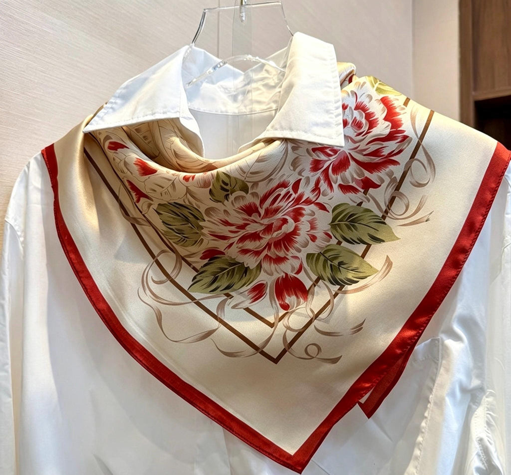 100% Mulberry Silk Scarf 26”x26” 65x65 cm, Peony Floral Silk Square Scarf Hanfu Accessories Elegant Chinese Style Neckerchief Bandana Gift