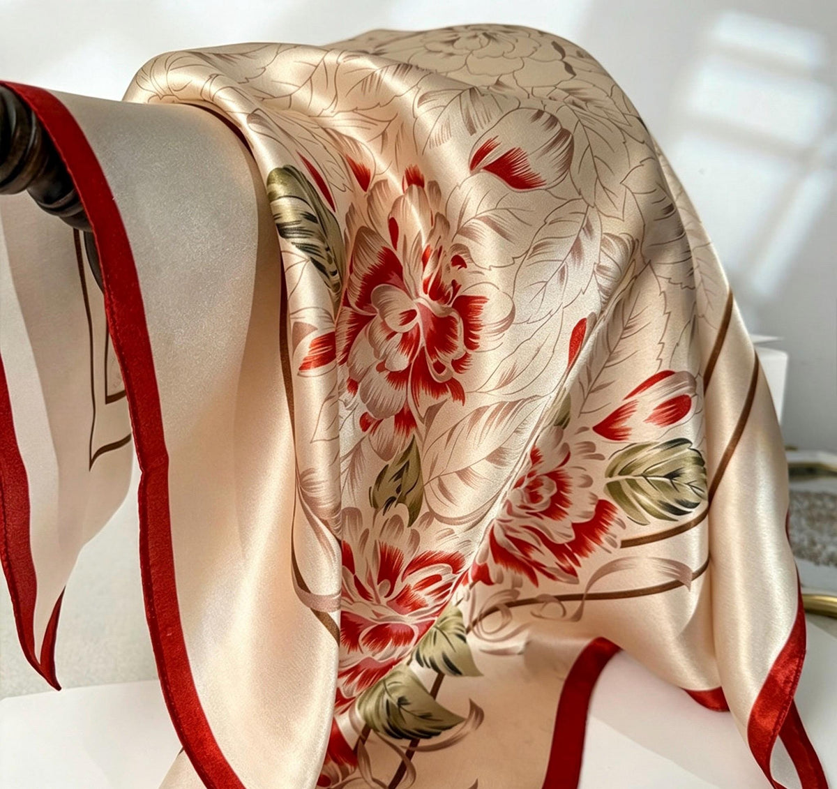 100% Mulberry Silk Scarf 26”x26” 65x65 cm, Peony Floral Silk Square Scarf Hanfu Accessories Elegant Chinese Style Neckerchief Bandana Gift