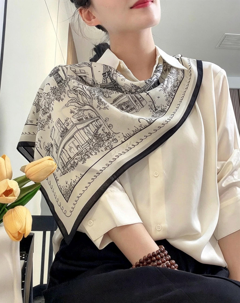 100% Mulberry Silk Scarf 26”x26” 65x65 cm, Minimalist Black White Paris Street Scene Silk Square Scarf Parisian Aesthetic Bandana Silk Tie