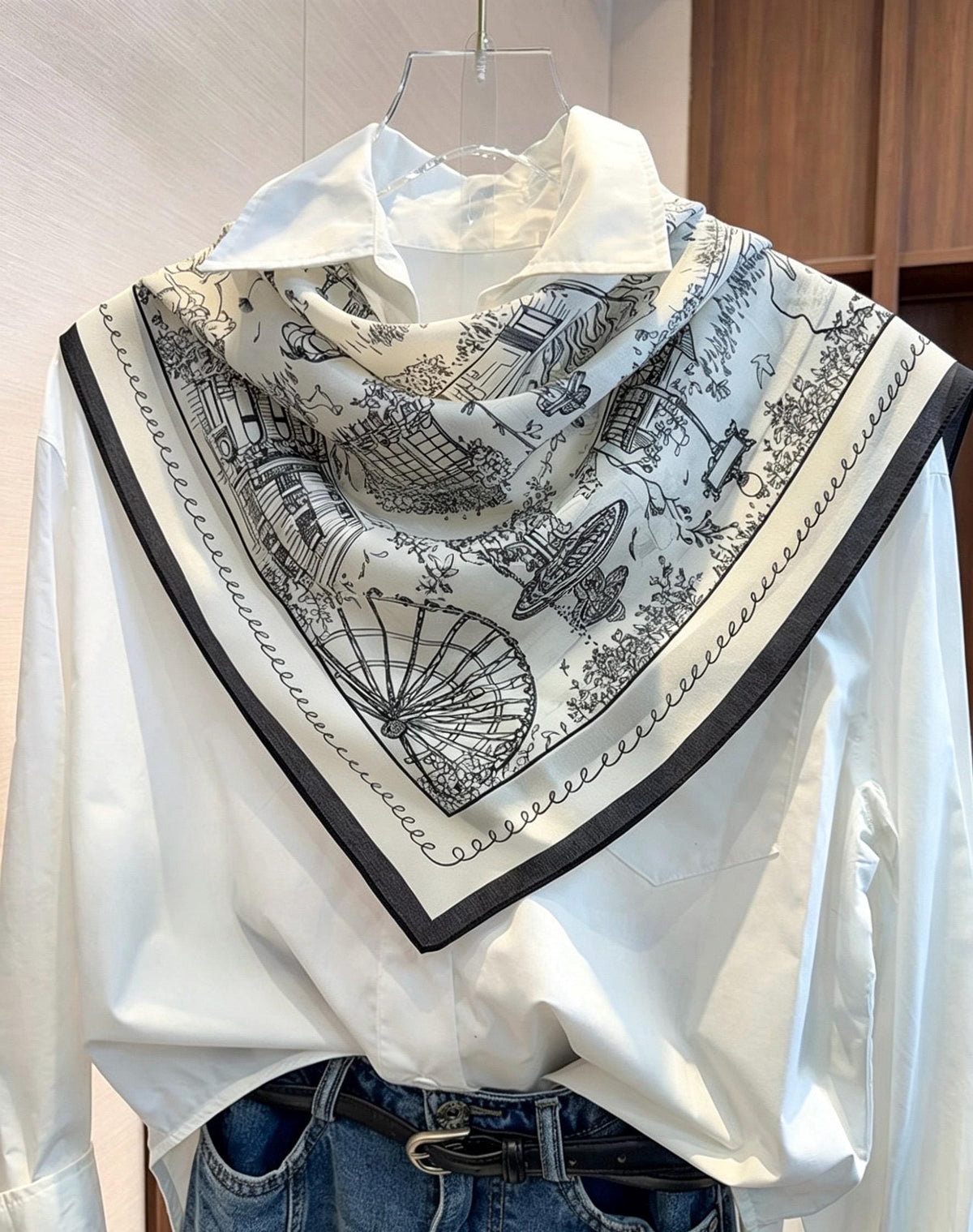 100% Mulberry Silk Scarf 26”x26” 65x65 cm, Minimalist Black White Paris Street Scene Silk Square Scarf Parisian Aesthetic Bandana Silk Tie