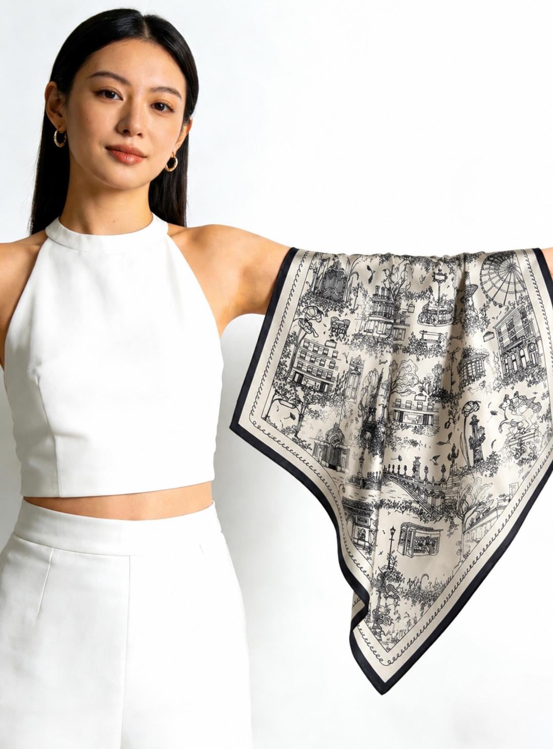 100% Mulberry Silk Scarf 26”x26” 65x65 cm, Minimalist Black White Paris Street Scene Silk Square Scarf Parisian Aesthetic Bandana Silk Tie