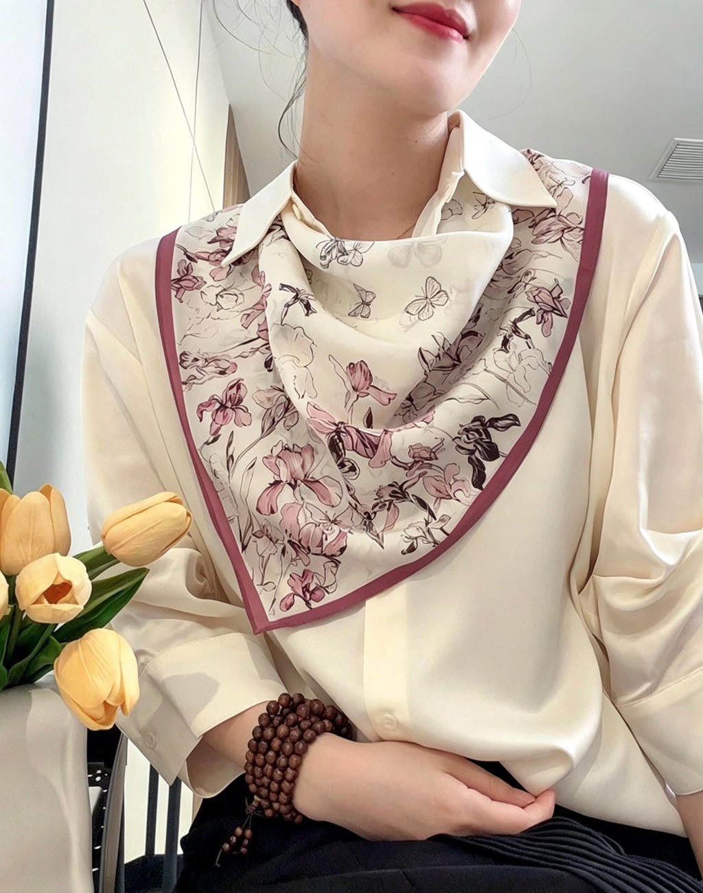 100% Mulberry Silk Scarf 26"x26" 65x65CM, Floral Butterfly Square Bandana, Silk Crepe de Chine Neck Scarf, Luxury Summer Gift for Her