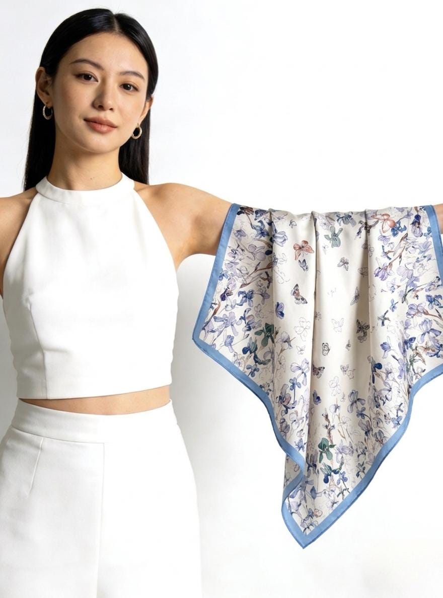 100% Mulberry Silk Scarf 26"x26" 65x65CM, Floral Butterfly Square Bandana, Silk Crepe de Chine Neck Scarf, Luxury Summer Gift for Her