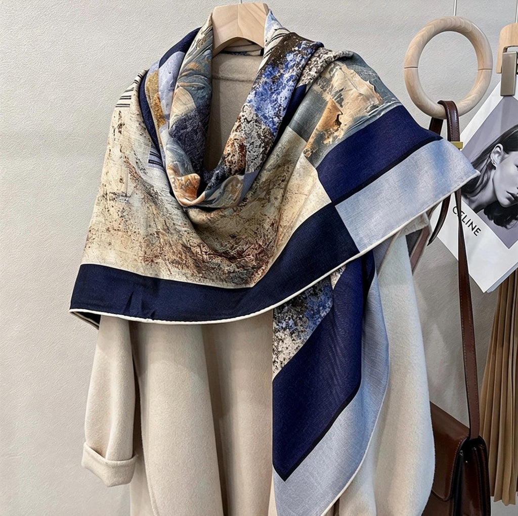 Silk Wool Scarf 53"x53" 135x135cm Reversible Herringbone Shawl Large Autumn Winter Wrap Elegant Luxury Gradient Art Gift