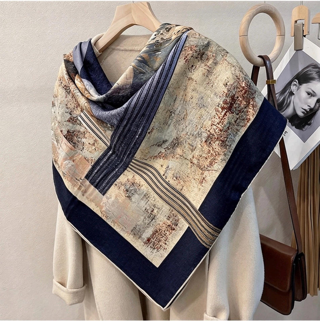 Silk Wool Scarf 53"x53" 135x135cm Reversible Herringbone Shawl Large Autumn Winter Wrap Elegant Luxury Gradient Art Gift
