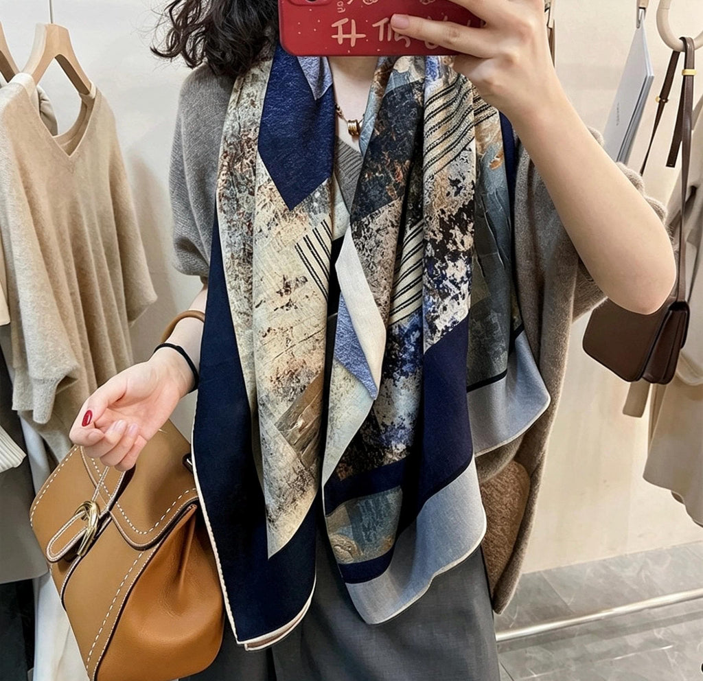 Silk Wool Scarf 53"x53" 135x135cm Reversible Herringbone Shawl Large Autumn Winter Wrap Elegant Luxury Gradient Art Gift