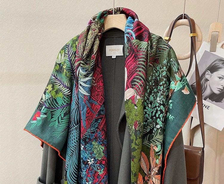 100% Silk Wool Scarf 53"x53" 135x135cm Sintra Garden Large Square Shawl Winter Warm Wrap Luxury AC Office Wrap Scarf Stole Gift for Her