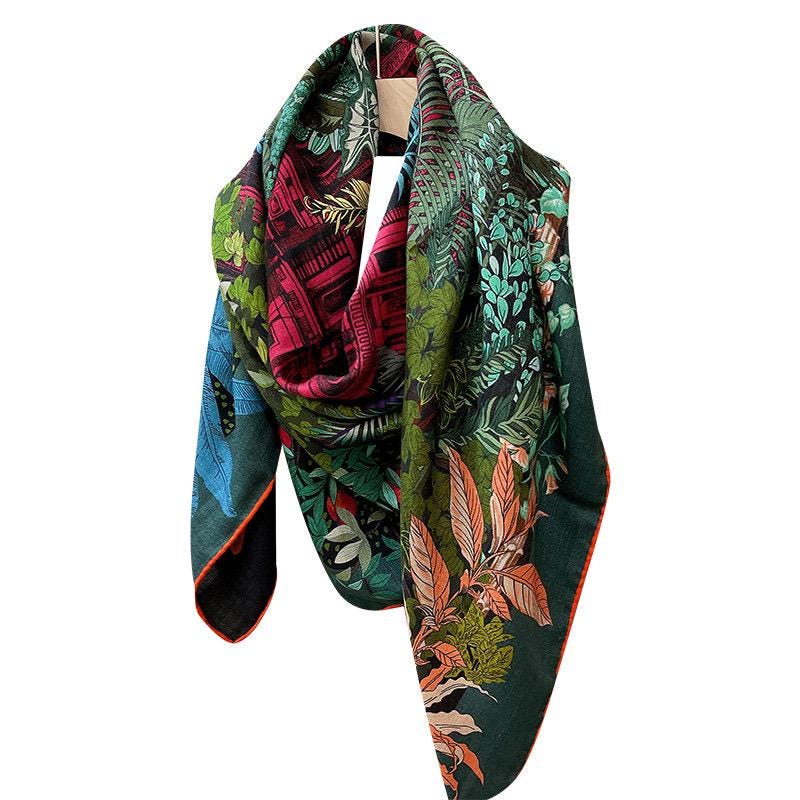 100% Silk Wool Scarf 53"x53" 135x135cm Sintra Garden Large Square Shawl Winter Warm Wrap Luxury AC Office Wrap Scarf Stole Gift for Her