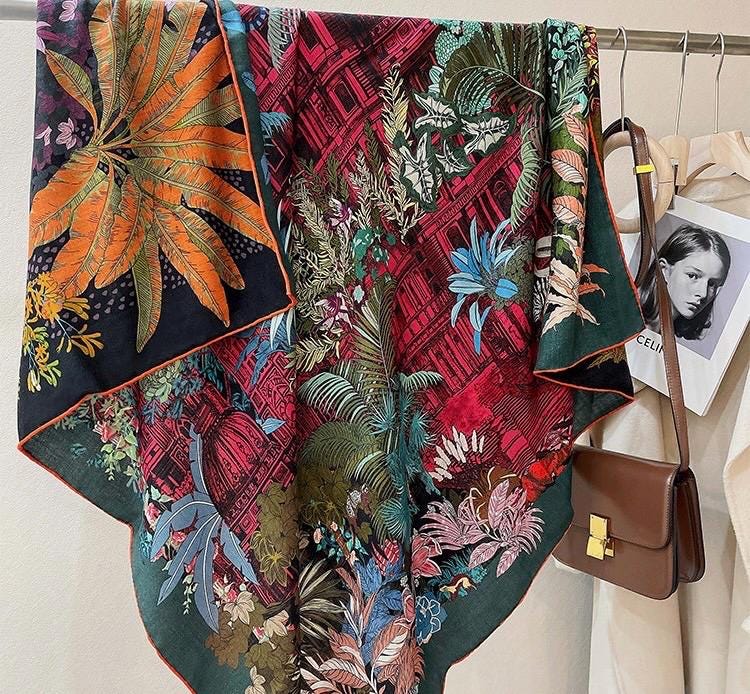 100% Silk Wool Scarf 53"x53" 135x135cm Sintra Garden Large Square Shawl Winter Warm Wrap Luxury AC Office Wrap Scarf Stole Gift for Her