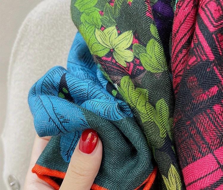 100% Silk Wool Scarf 53"x53" 135x135cm Sintra Garden Large Square Shawl Winter Warm Wrap Luxury AC Office Wrap Scarf Stole Gift for Her