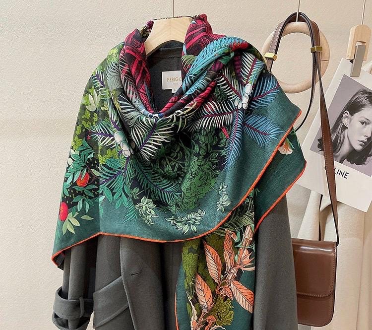 100% Silk Wool Scarf 53"x53" 135x135cm Sintra Garden Large Square Shawl Winter Warm Wrap Luxury AC Office Wrap Scarf Stole Gift for Her