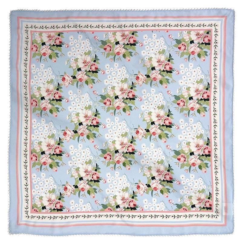 100% Mulberry Silk Scarf 26"x26" 65x65CM, Light Blue Floral Silk Bandana, Fresh Summer Neckerchief, Pastel Cottagecore Hair Head Scarf Gift