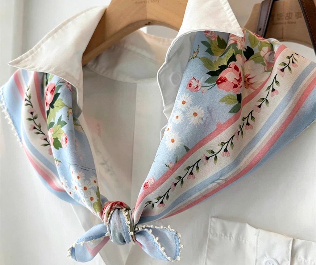 100% Mulberry Silk Scarf 26"x26" 65x65CM, Light Blue Floral Silk Bandana, Fresh Summer Neckerchief, Pastel Cottagecore Hair Head Scarf Gift