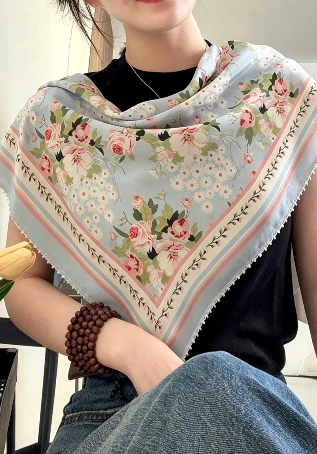 100% Mulberry Silk Scarf 26"x26" 65x65CM, Light Blue Floral Silk Bandana, Fresh Summer Neckerchief, Pastel Cottagecore Hair Head Scarf Gift