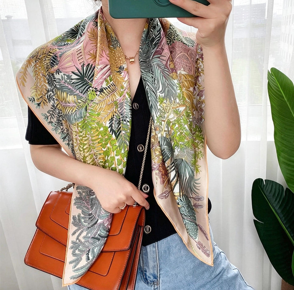 100% Mulberry Silk Scarf 35"x35" 90x90cm Gentle Milk Tea Beige Square Shawl Sun Protection Elegant Winter Warm Head Wrap Gift for Women