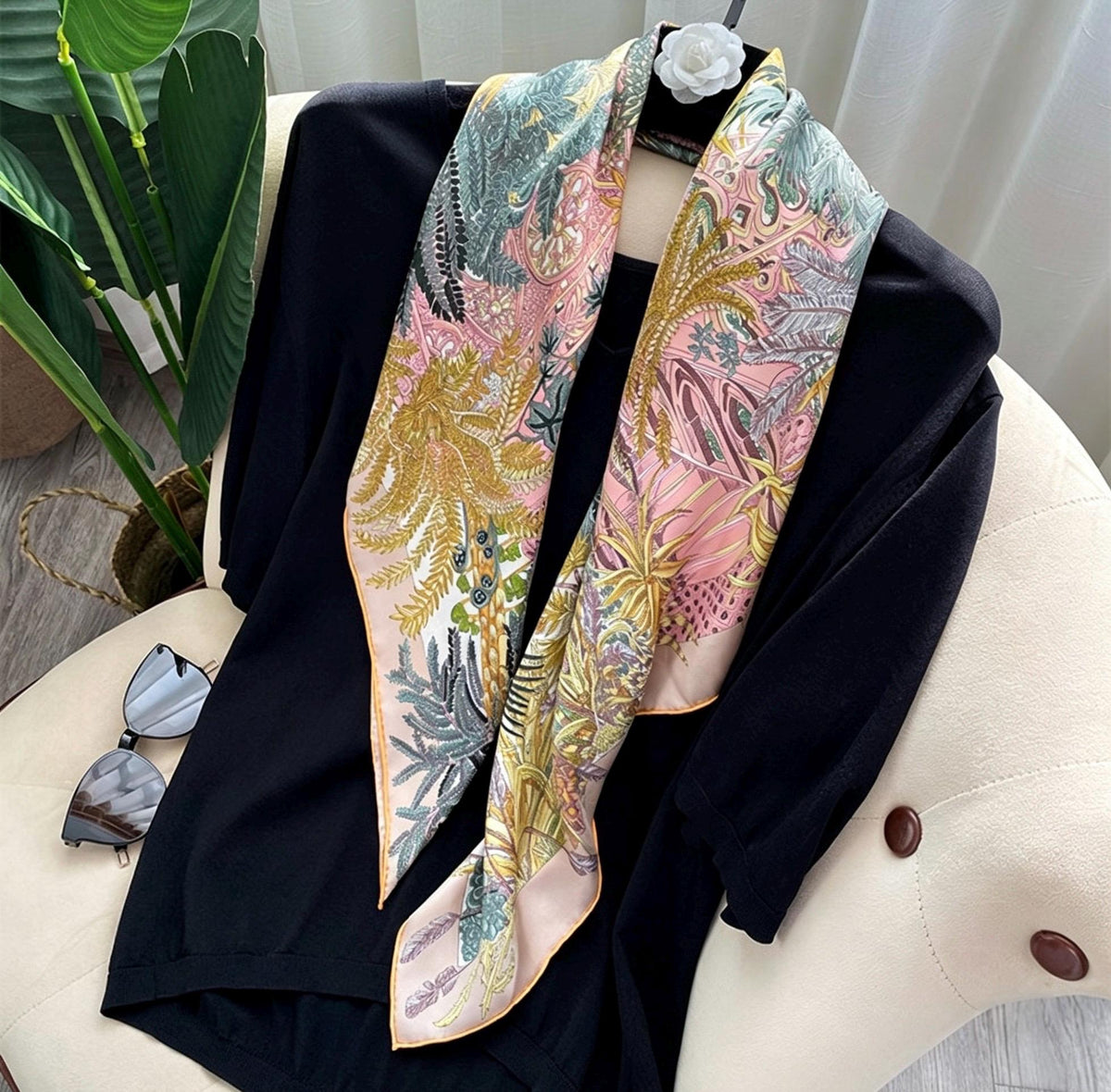 100% Mulberry Silk Scarf 35"x35" 90x90cm Gentle Milk Tea Beige Square Shawl Sun Protection Elegant Winter Warm Head Wrap Gift for Women
