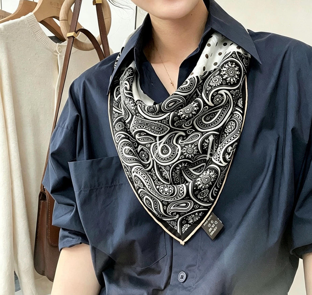 100% Mulberry Silk Scarf 26”x26” 65×65 cm | Hualuo Heritage Silk, Black White Polka Dot Neckerchief, Chinese Style Luxury Gift for Her