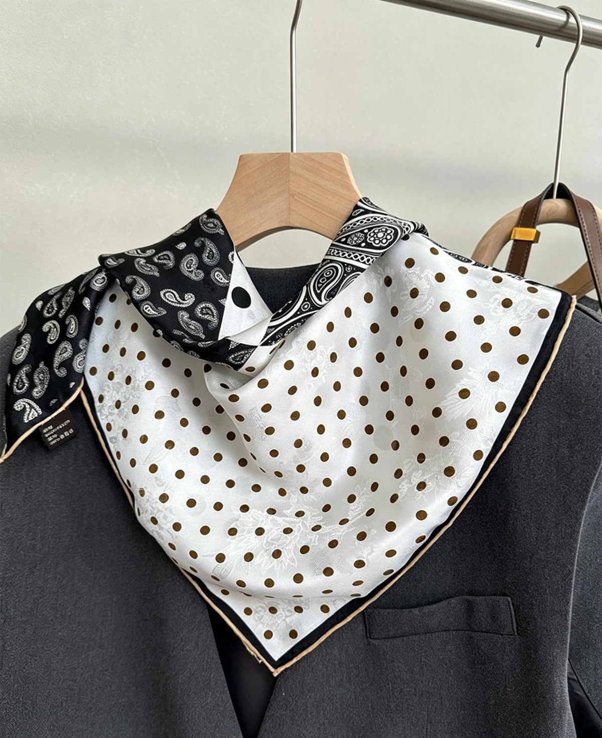 100% Mulberry Silk Scarf 26”x26” 65×65 cm | Hualuo Heritage Silk, Black White Polka Dot Neckerchief, Chinese Style Luxury Gift for Her