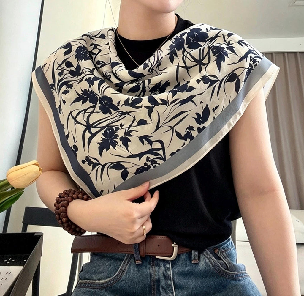 100% Silk Wool Scarf 26"x26" 65x65cm, Elegant Navy Blue Crepe De Chine Silk Scarf, Quiet Luxury Neckerchief, Old Money Aesthetic Bandana Gif