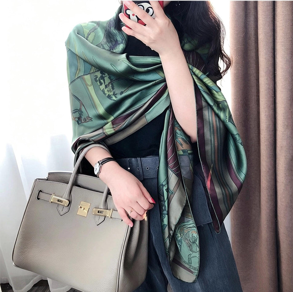 100% Silk Wool Scarf 53"x53" 135x135cm Sintra Garden Large Square Shawl Winter Warm Wrap Luxury AC Office Wrap Scarf Stole Gift for Her