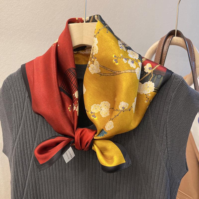 100% Silk Wool Scarf 26"x26" 65x65cm, Modern Chinese Style Silk Scarf, Quiet Luxury Decorative Bandana, Old Money Aesthetic Chic Gift