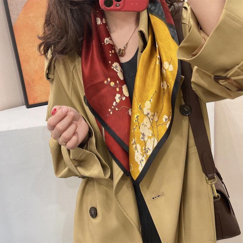 100% Silk Wool Scarf 26"x26" 65x65cm, Modern Chinese Style Silk Scarf, Quiet Luxury Decorative Bandana, Old Money Aesthetic Chic Gift