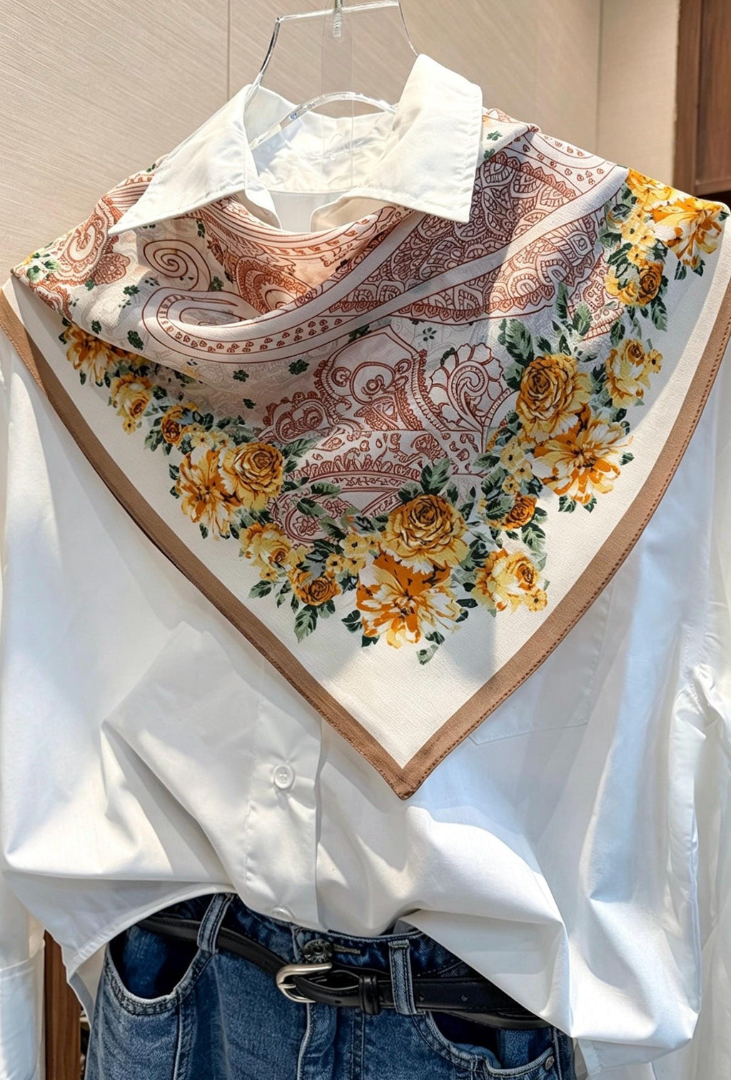 100% Mulberry Silk Scarf 26”x26” 65×65 cm, Vintage Caramel Rose Silk Scarf, Luxury Floral Hair Scarf, Silk Neck Kerchief