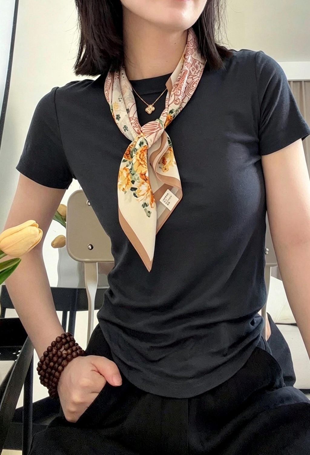 100% Mulberry Silk Scarf 26”x26” 65×65 cm, Vintage Caramel Rose Silk Scarf, Luxury Floral Hair Scarf, Silk Neck Kerchief