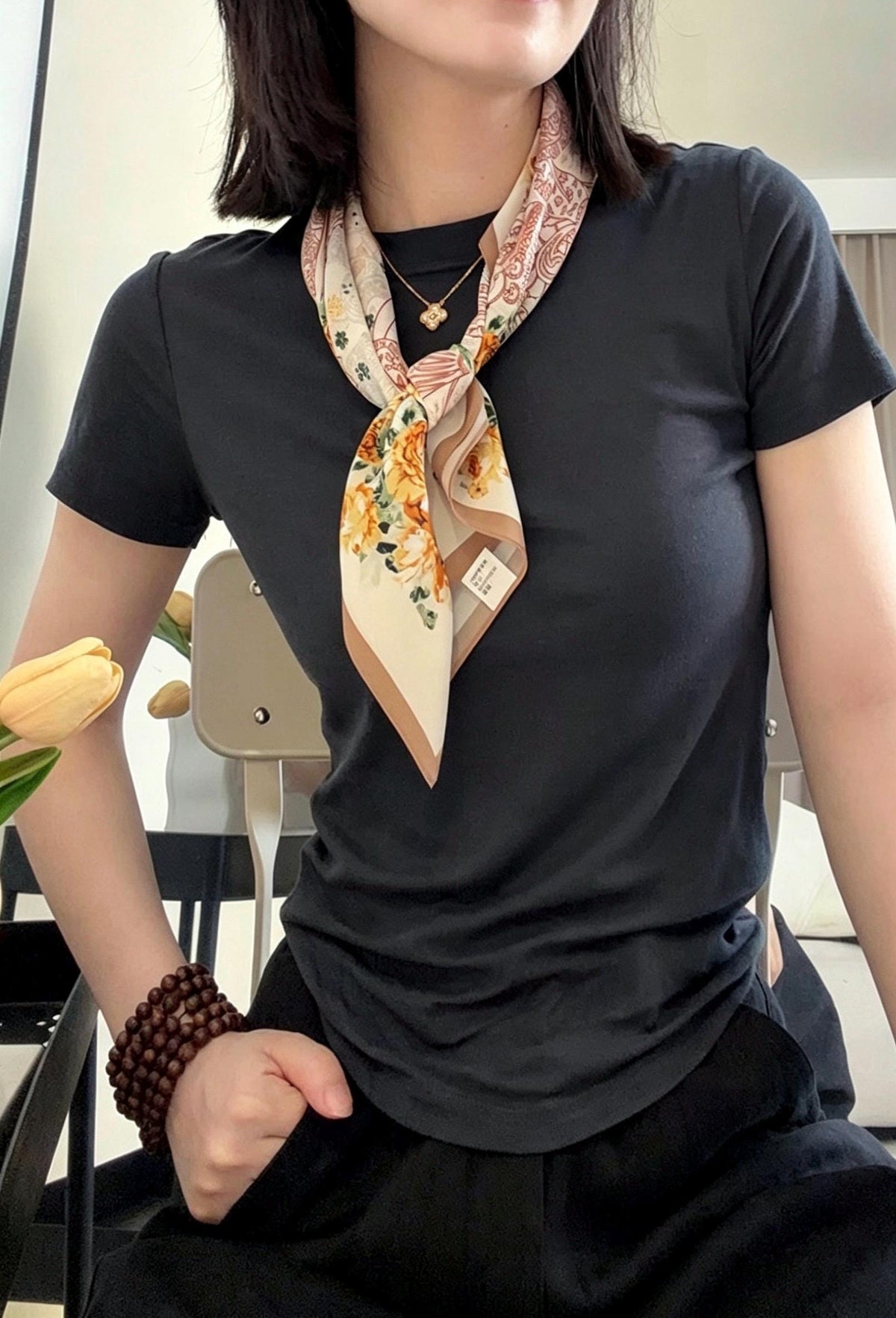 100% Mulberry Silk Scarf 26”x26” 65×65 cm, Vintage Caramel Rose Silk Scarf, Luxury Floral Hair Scarf, Silk Neck Kerchief