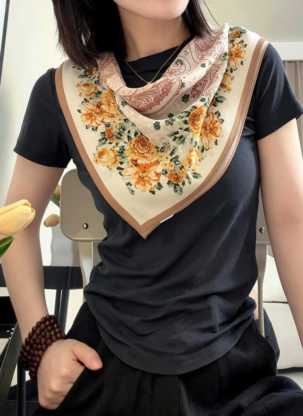 100% Mulberry Silk Scarf 26”x26” 65×65 cm, Vintage Caramel Rose Silk Scarf, Luxury Floral Hair Scarf, Silk Neck Kerchief