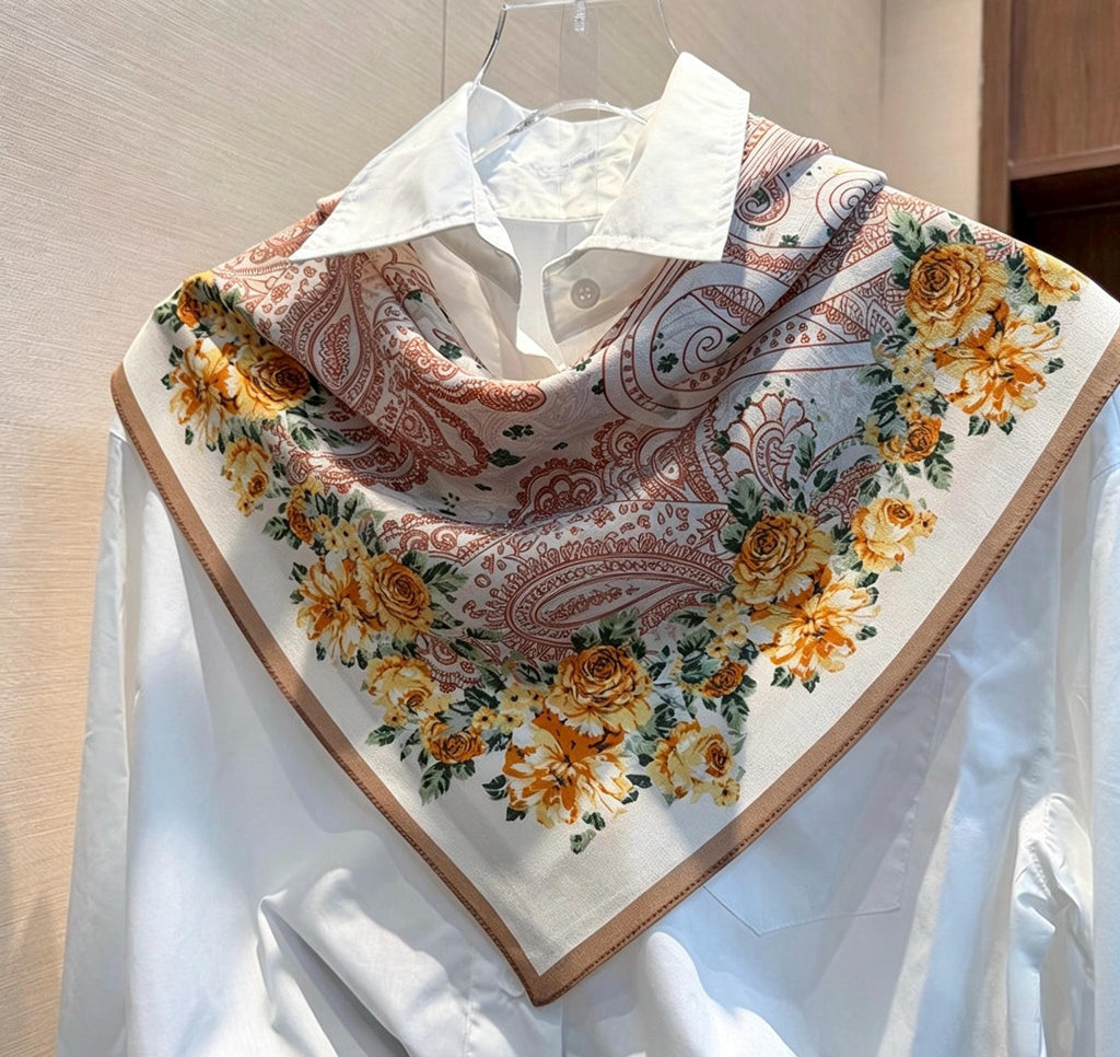 100% Mulberry Silk Scarf 26”x26” 65×65 cm, Vintage Caramel Rose Silk Scarf, Luxury Floral Hair Scarf, Silk Neck Kerchief