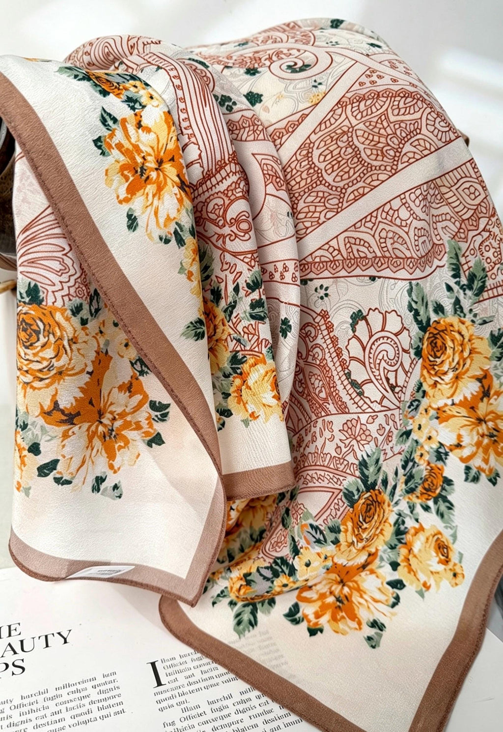 100% Mulberry Silk Scarf 26”x26” 65×65 cm, Vintage Caramel Rose Silk Scarf, Luxury Floral Hair Scarf, Silk Neck Kerchief
