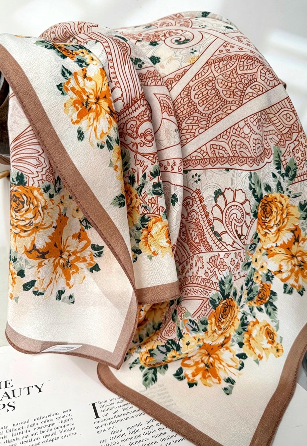 100% Mulberry Silk Scarf 26”x26” 65×65 cm, Vintage Caramel Rose Silk Scarf, Luxury Floral Hair Scarf, Silk Neck Kerchief