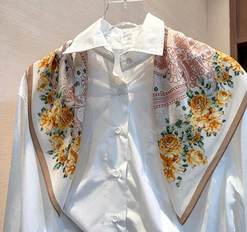 100% Mulberry Silk Scarf 26”x26” 65×65 cm, Vintage Caramel Rose Silk Scarf, Luxury Floral Hair Scarf, Silk Neck Kerchief