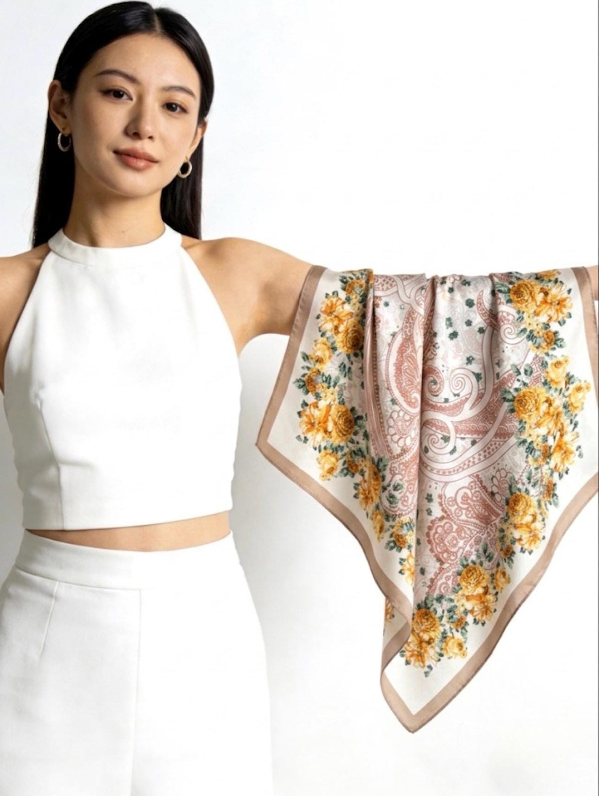 100% Mulberry Silk Scarf 26”x26” 65×65 cm, Vintage Caramel Rose Silk Scarf, Luxury Floral Hair Scarf, Silk Neck Kerchief