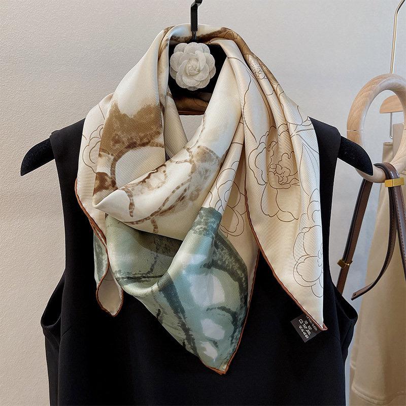 100% Silk Wool Scarf 35"x35" 88x88cm, Gentle Camellia Vibe Silk Twill Scarf, Quiet Luxury Large Square Bandana, Old Money Aesthetic Gift
