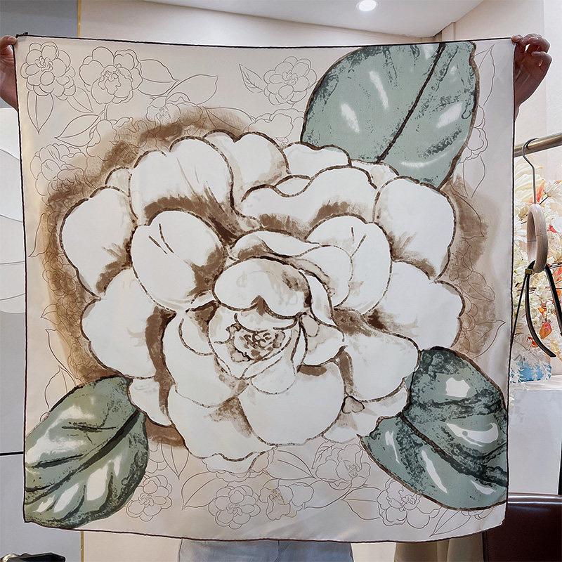 100% Silk Wool Scarf 35"x35" 88x88cm, Gentle Camellia Vibe Silk Twill Scarf, Quiet Luxury Large Square Bandana, Old Money Aesthetic Gift
