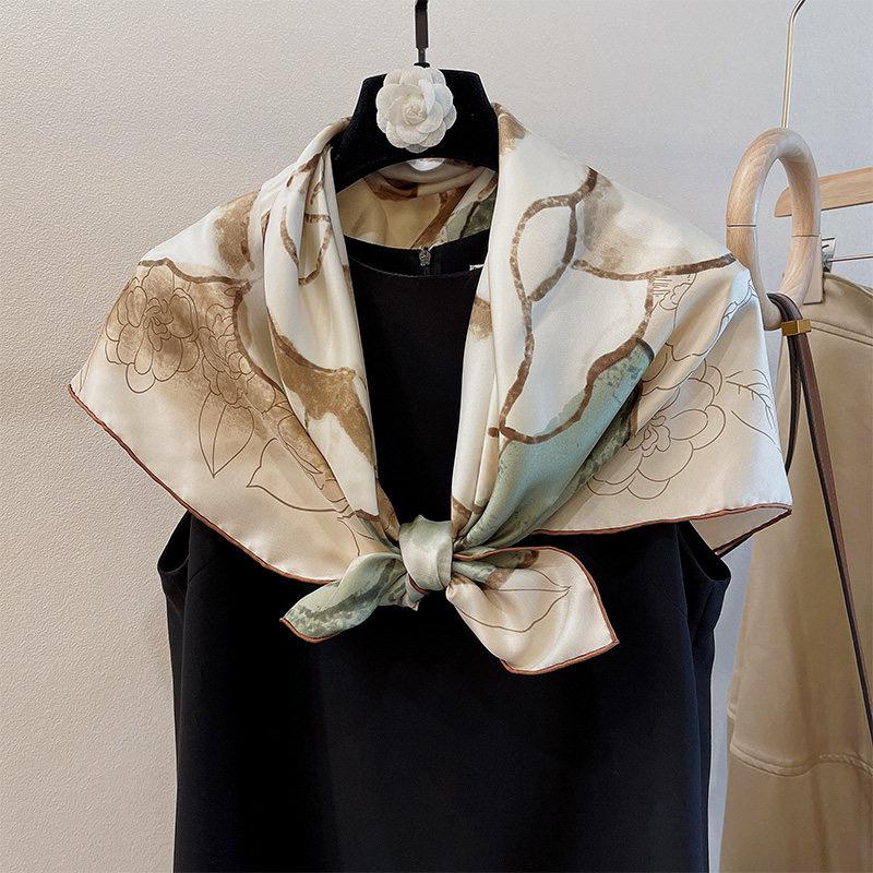 100% Silk Wool Scarf 35"x35" 88x88cm, Gentle Camellia Vibe Silk Twill Scarf, Quiet Luxury Large Square Bandana, Old Money Aesthetic Gift