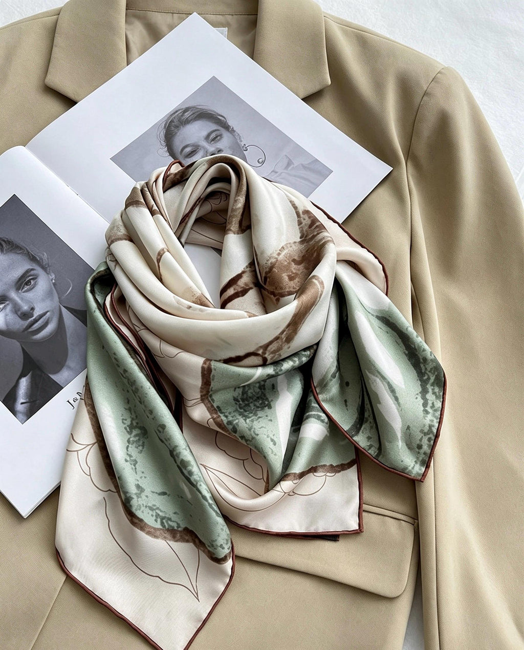 100% Silk Wool Scarf 35"x35" 88x88cm, Gentle Camellia Vibe Silk Twill Scarf, Quiet Luxury Large Square Bandana, Old Money Aesthetic Gift