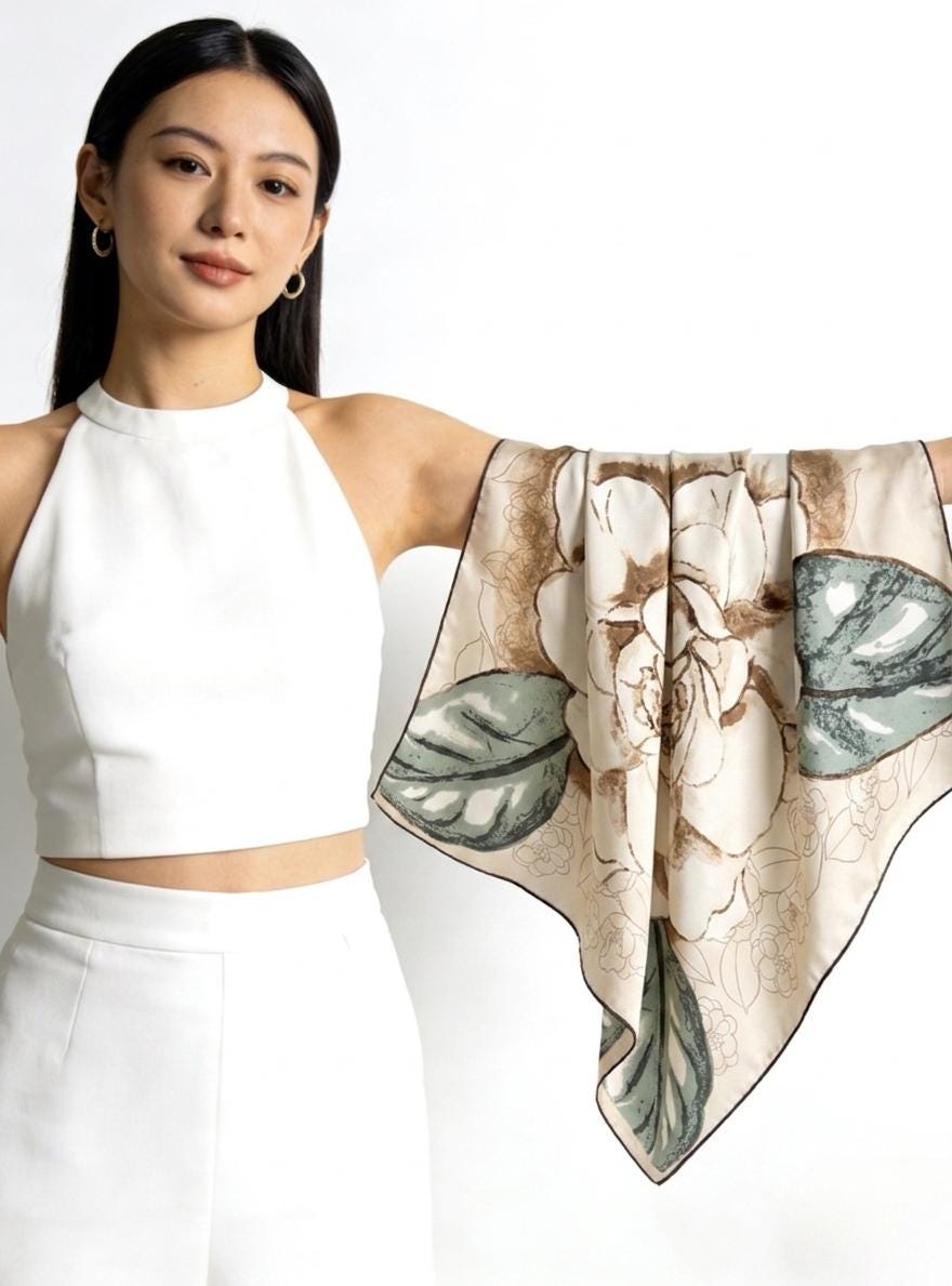 100% Silk Wool Scarf 35"x35" 88x88cm, Gentle Camellia Vibe Silk Twill Scarf, Quiet Luxury Large Square Bandana, Old Money Aesthetic Gift