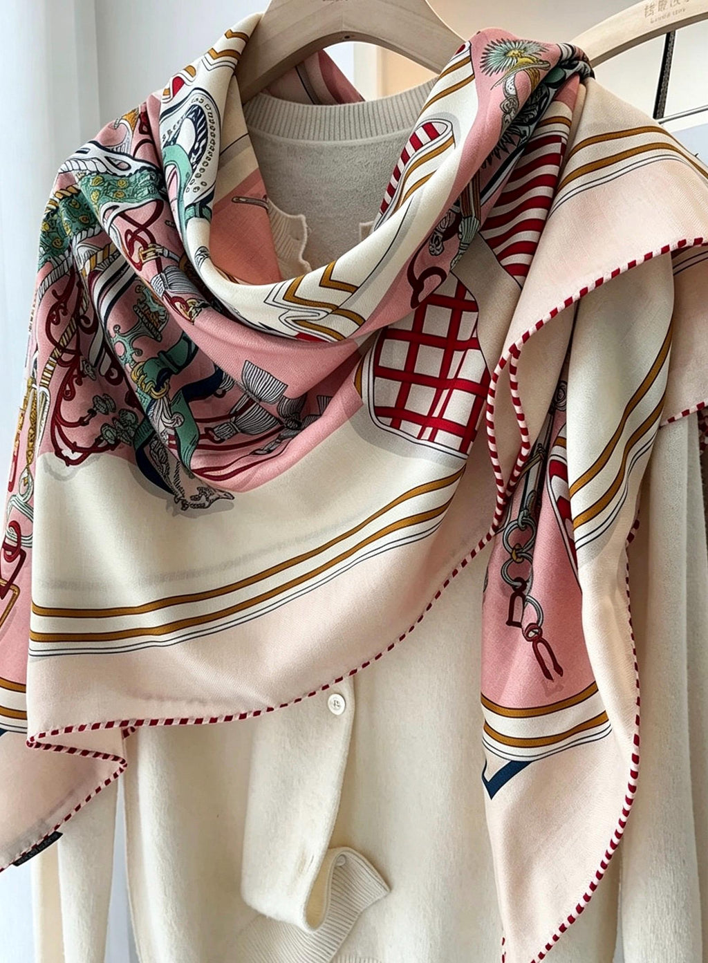 100% Silk Wool Scarf 53"x53" 135x135cm, Symmetrical Saddle Art Luxury Shawl, Quiet Luxury Large Square Wrap, Old Money Aesthetic Gift
